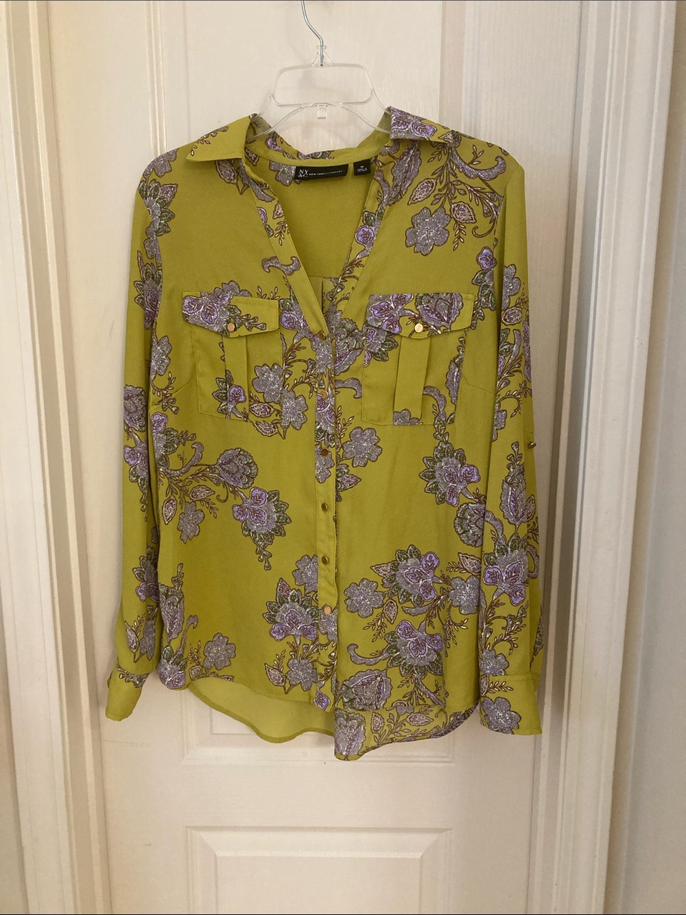 Chartreuse Floral Button-Front Blouse - Picture 2 of 11